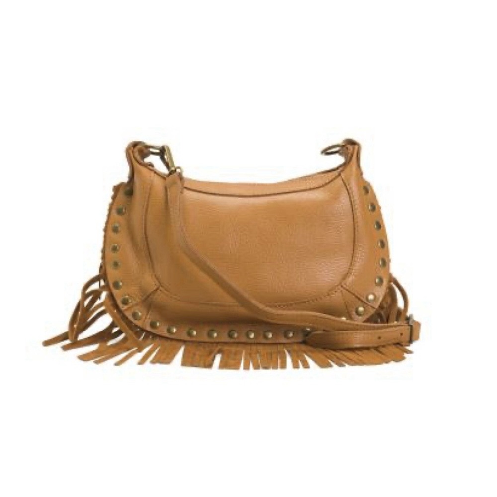 Marlon Firenze Italy Brown Leather Crescent Crossbody Studs Fringe Boho Western